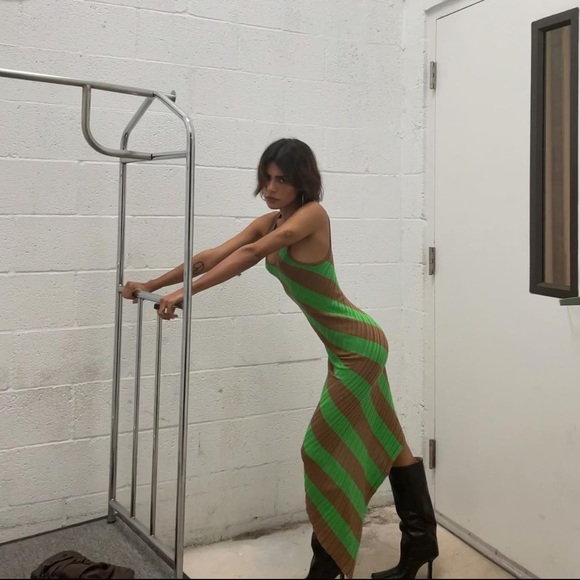 Brand new Petar Petrov green/brown Abbas asymmetric ribbed striped silk dress - Picture 2 of 8